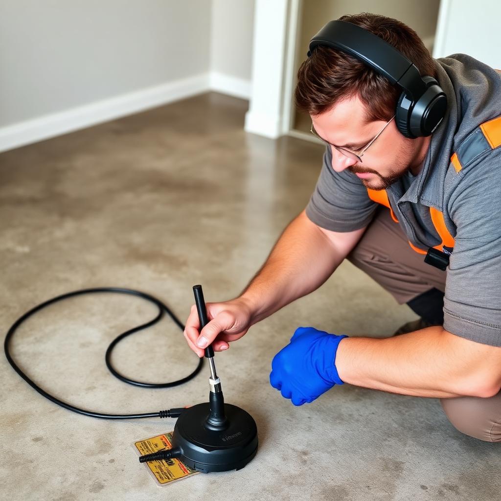Technician performing acoustic slab leak detection